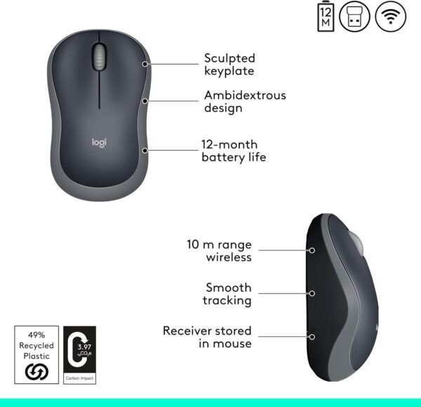 Logitech M185 Wireless Mouse, 2.4GHz with USB Mini Receiver, 12-Month Battery Life, 1000 DPI Optical Tracking, Ambidextrous PC/Mac/Laptop - Swift Grey - Image 6