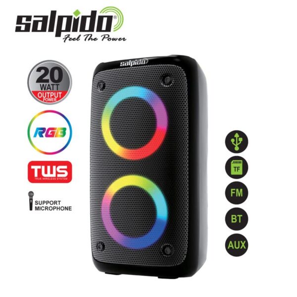 Salpido Waves 100 | 30W Portable Bluetooth RGB Subwoofer Speaker with FM/USB/AUX/SD Slot and Support Microphone | 5 Hours Play Time | Party Lights and Carry Handle, Black - Image 2