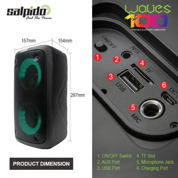 Salpido Waves 100 | 30W Portable Bluetooth RGB Subwoofer Speaker with FM/USB/AUX/SD Slot and Support Microphone | 5 Hours Play Time | Party Lights and Carry Handle, Black - Image 7