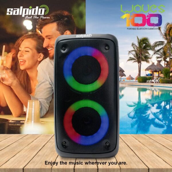 Salpido Waves 100 | 30W Portable Bluetooth RGB Subwoofer Speaker with FM/USB/AUX/SD Slot and Support Microphone | 5 Hours Play Time | Party Lights and Carry Handle, Black - Image 9