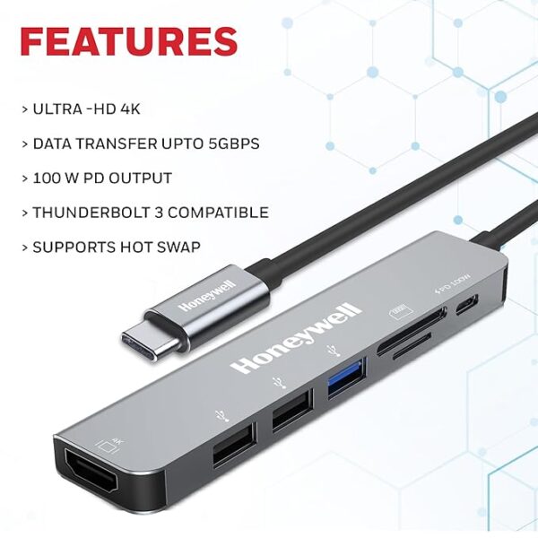 Honeywell Newly Launched 7-in-1 TypeC Docking Station with 4K HDMI,1xUSB 3.0,2xUSB 2.0 & TypeC 3.0 PD Charging 100W Port, SD & Micro SD Slot, for All Type C Devices- MacBook Laptop, PC, Thunderbolt 3 - Image 2