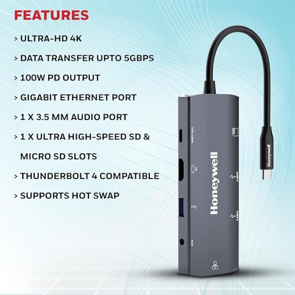 Honeywell New Launch 9-in-1 Type C Dock with 4K HDMI, 1GBPS RJ45 Ethernet Port, 2xUSB 3.0, 1xUSB 2.0 & Type C 3.0 PD100W, SD & Micro SD Slot, Audio Port for All Type C Devices- Windows/MacBook - Image 2