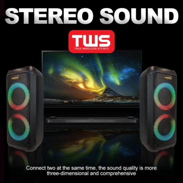 Salpido Waves 303 | 60W Portable Bluetooth RGB Subwoofer Speaker with FM/USB/AUX/SD Slot, Include Remote Control, Wireless Microphone | 6 Hours Play Time | Party Lights and Carry Handle, Black - Image 7