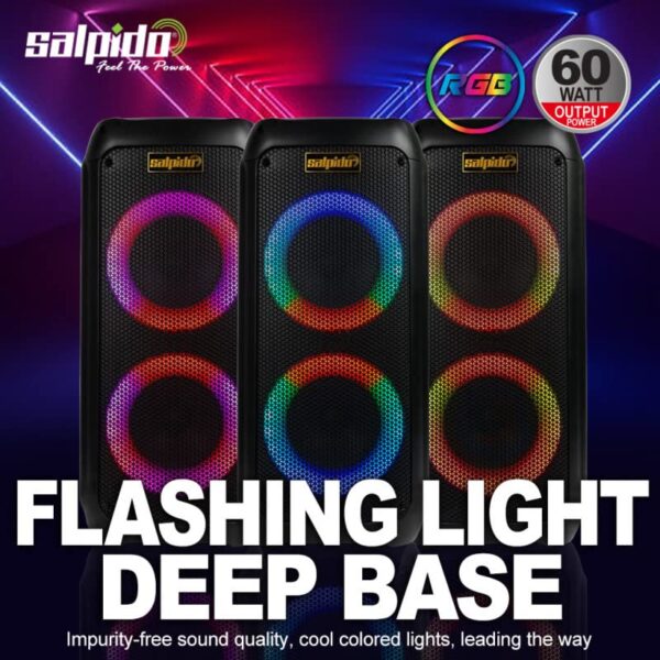 Salpido Waves 303 | 60W Portable Bluetooth RGB Subwoofer Speaker with FM/USB/AUX/SD Slot, Include Remote Control, Wireless Microphone | 6 Hours Play Time | Party Lights and Carry Handle, Black - Image 4