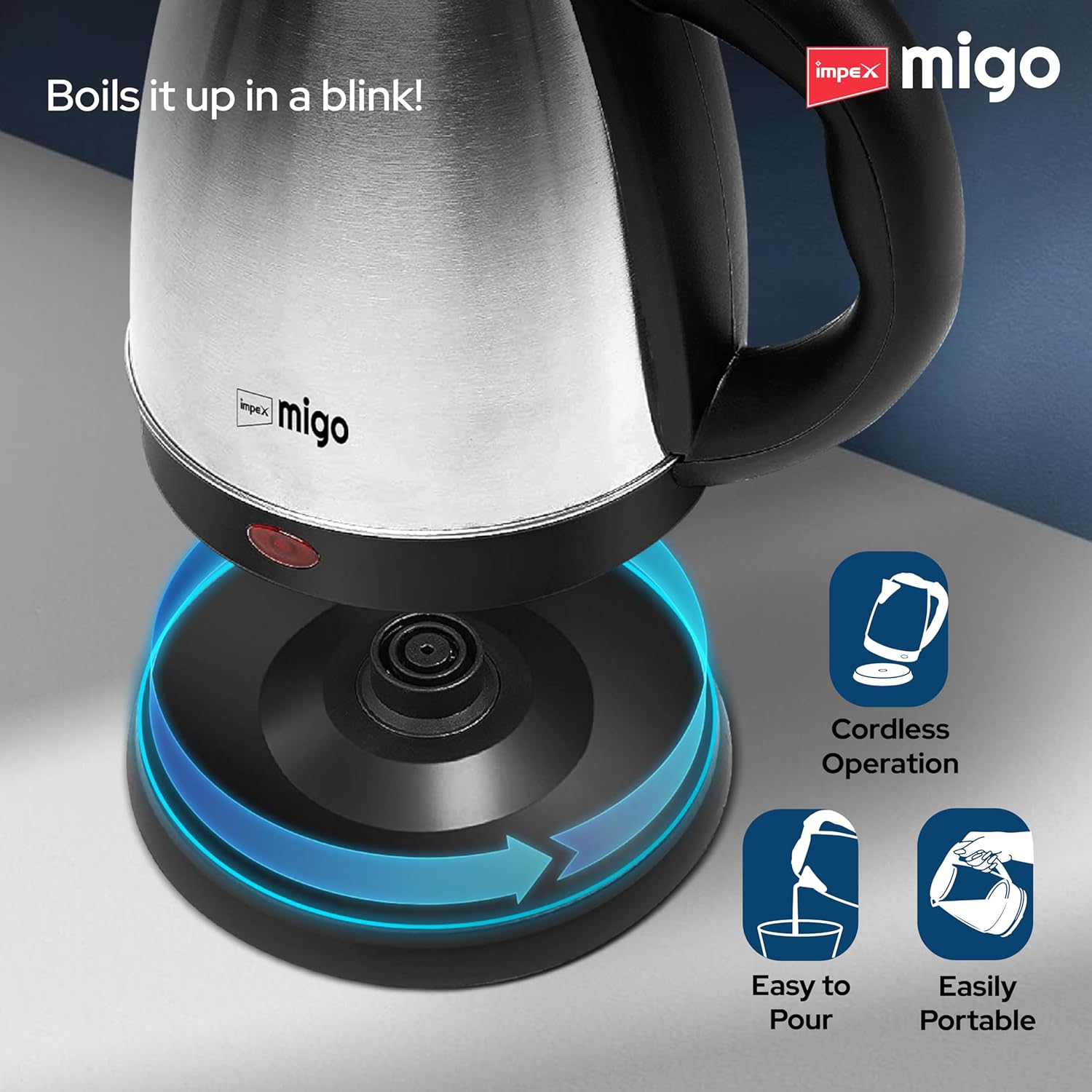 Impex Migo Stainless Steel Electric Kettle 1.8 Litre 1500 Watts Fast Boiling Portable Electric Kettle | Power Indicator | Dry Run Protection | Auto Cut off | 360 Degree Rotatable | 1 Year Warranty - Image 4
