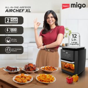 Impex 12L Air Fryer Oven 1800W | OTG Air Fryer For Home With Digital Display & 10 Preset Menu | Rotissery, Rotation Basket, Barbique Grill, Oil tray Etc | 2 Year Warranty | Airchef XL, Black