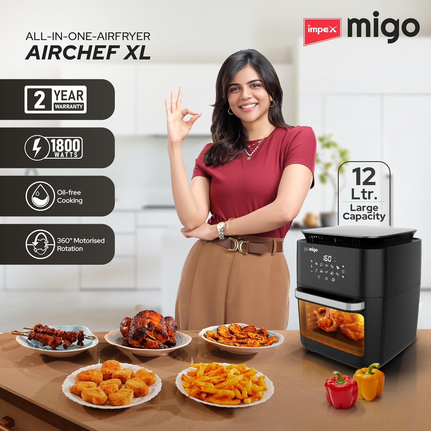 Impex 12L Air Fryer Oven 1800W | OTG Air Fryer For Home With Digital Display & 10 Preset Menu | Rotissery, Rotation Basket, Barbique Grill, Oil tray Etc | 2 Year Warranty | Airchef XL, Black