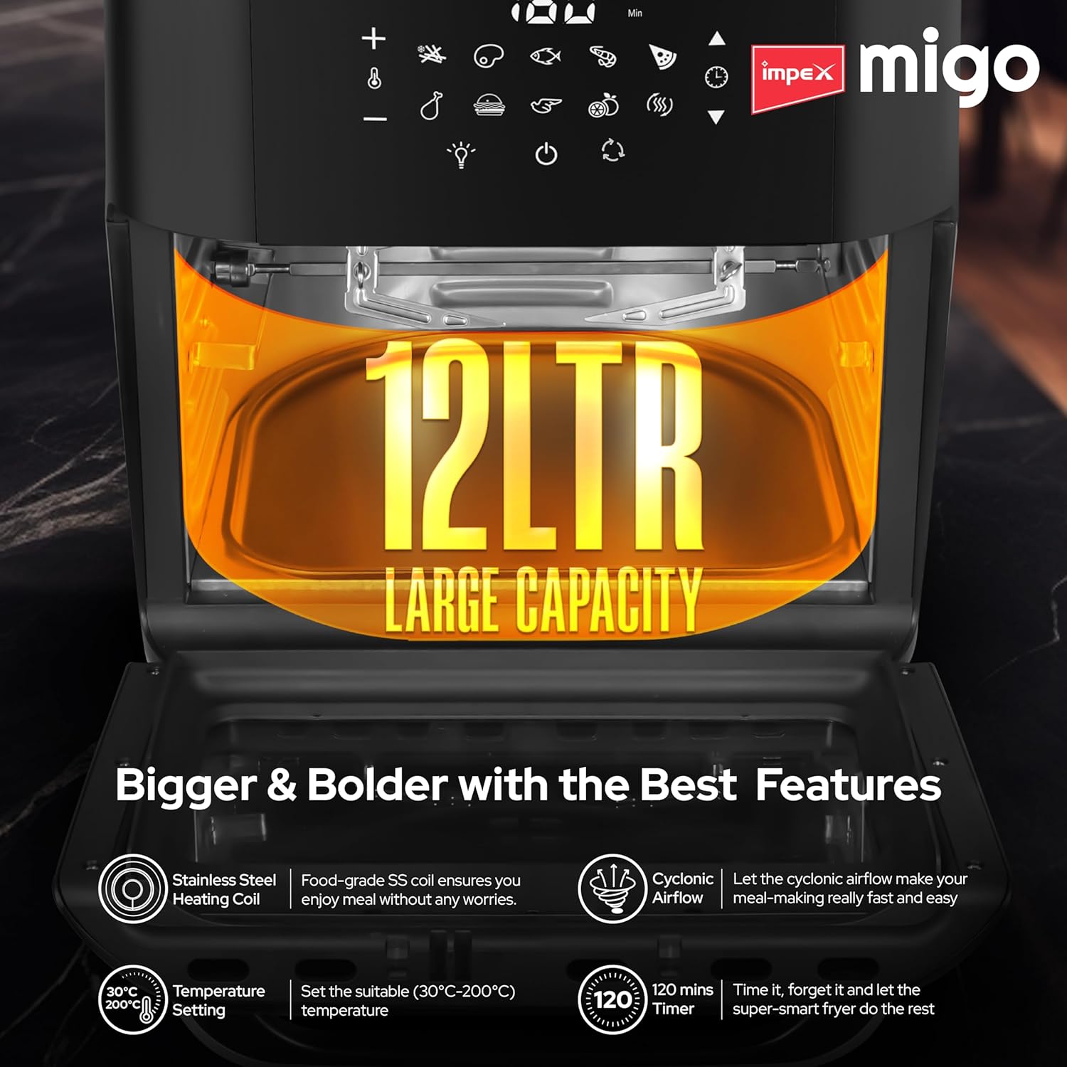 Impex 12L Air Fryer Oven 1800W | OTG Air Fryer For Home With Digital Display & 10 Preset Menu | Rotissery, Rotation Basket, Barbique Grill, Oil tray Etc | 2 Year Warranty | Airchef XL, Black - Image 5