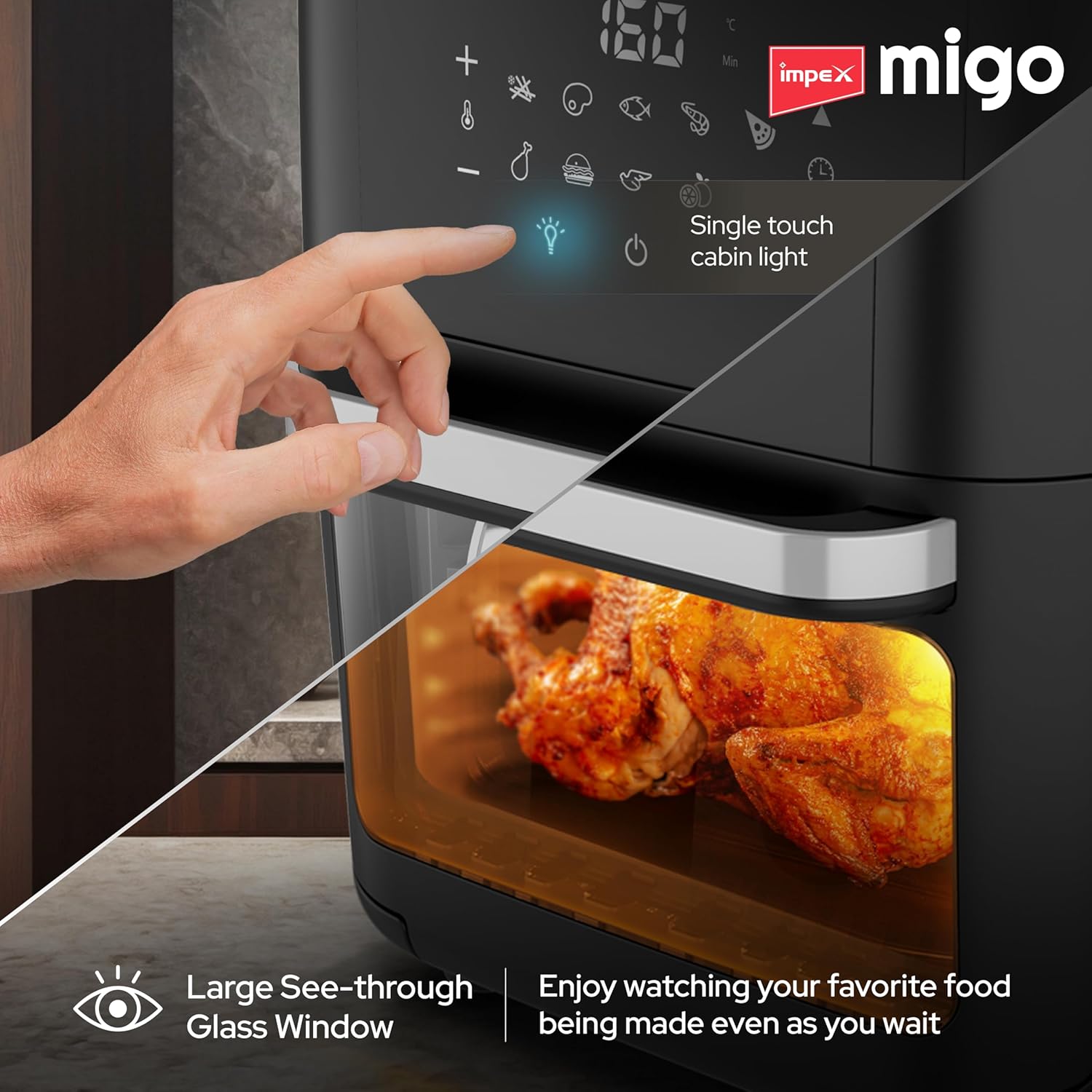 Impex 12L Air Fryer Oven 1800W | OTG Air Fryer For Home With Digital Display & 10 Preset Menu | Rotissery, Rotation Basket, Barbique Grill, Oil tray Etc | 2 Year Warranty | Airchef XL, Black - Image 4