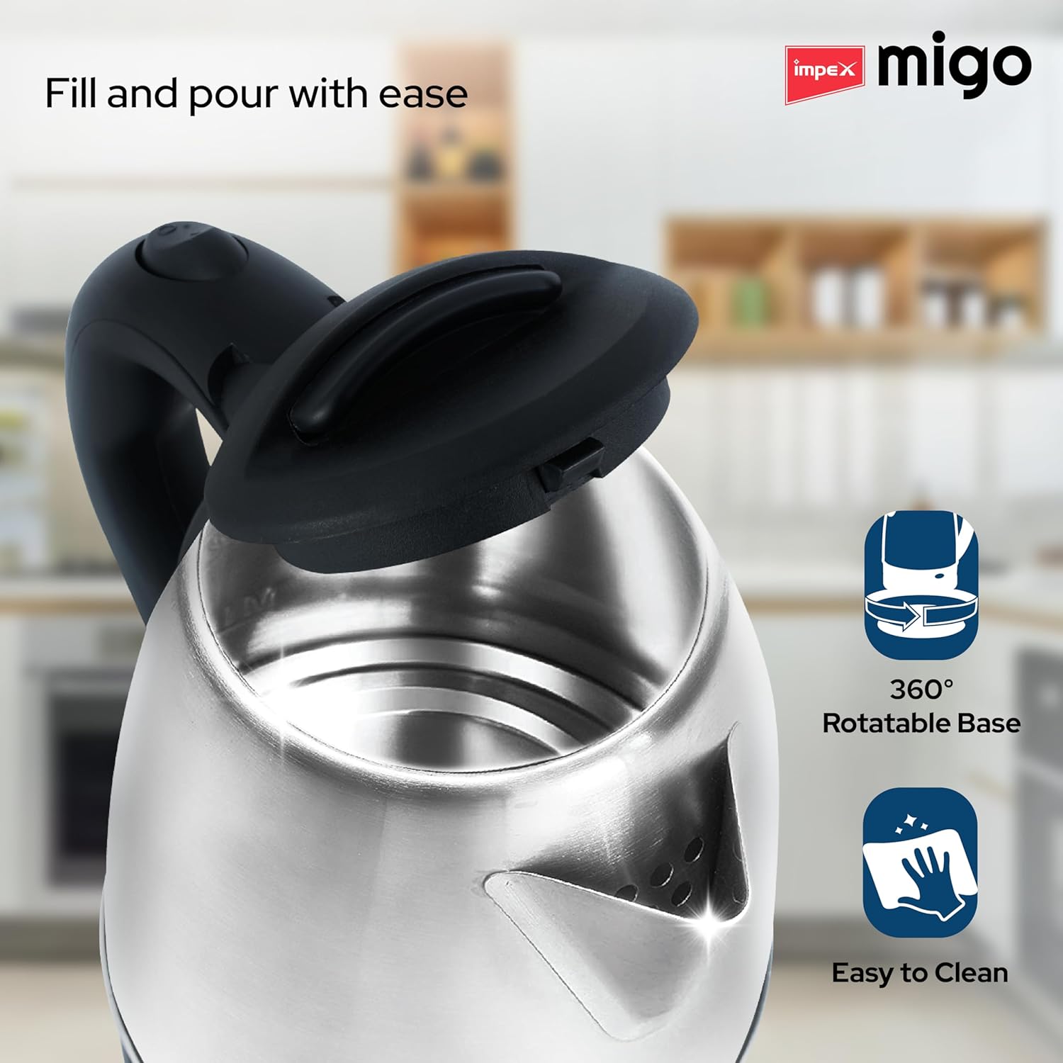 Impex Migo Stainless Steel Electric Kettle 1.8 Litre 1500 Watts Fast Boiling Portable Electric Kettle | Power Indicator | Dry Run Protection | Auto Cut off | 360 Degree Rotatable | 1 Year Warranty - Image 3