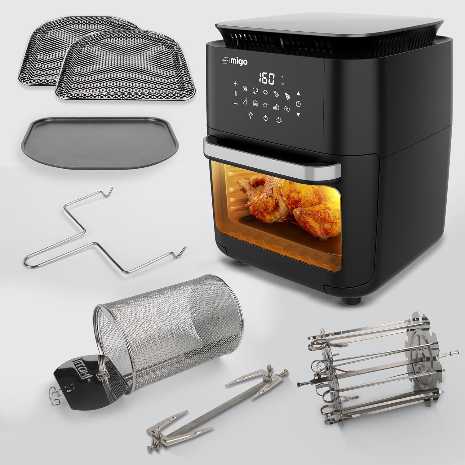 Impex 12L Air Fryer Oven 1800W | OTG Air Fryer For Home With Digital Display & 10 Preset Menu | Rotissery, Rotation Basket, Barbique Grill, Oil tray Etc | 2 Year Warranty | Airchef XL, Black - Image 3
