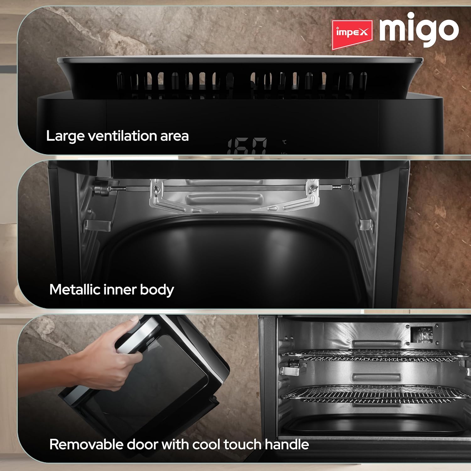 Impex 12L Air Fryer Oven 1800W | OTG Air Fryer For Home With Digital Display & 10 Preset Menu | Rotissery, Rotation Basket, Barbique Grill, Oil tray Etc | 2 Year Warranty | Airchef XL, Black - Image 2