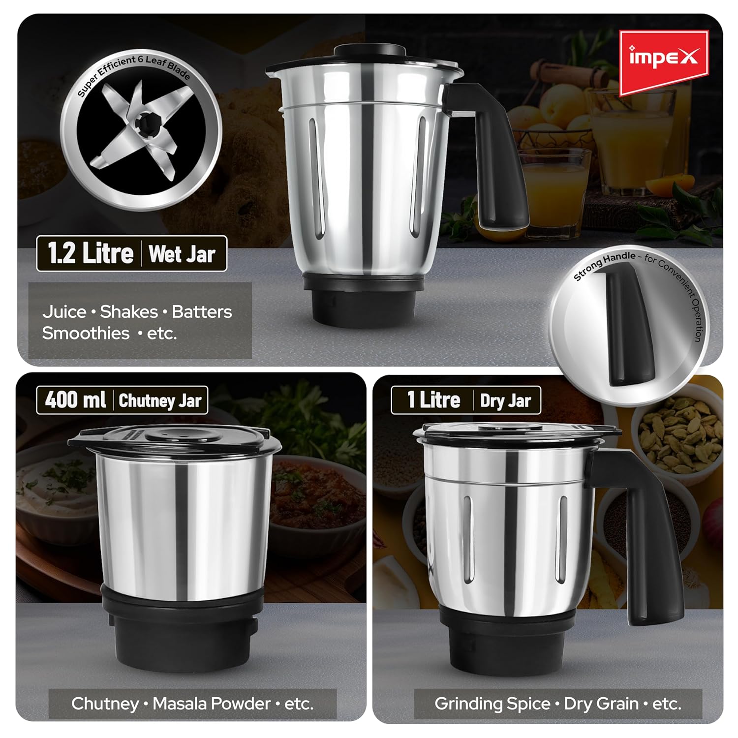 Impex 600 Watts High Speed Mixer Grinder With 3 Jars & 6 Leaf Food Grade SS Blades | 3 Speed Control | 3 Year Motor Warranty - Image 3