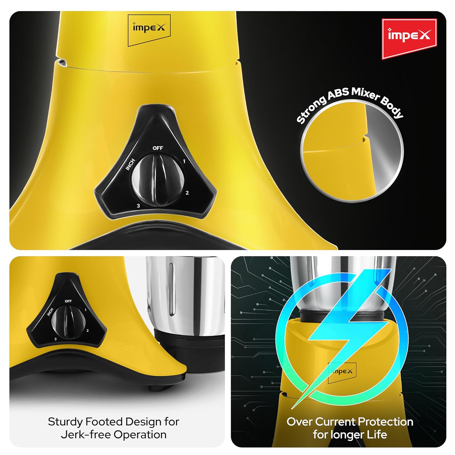 Impex 600 Watts High Speed Mixer Grinder With 3 Jars & 6 Leaf Food Grade SS Blades | 3 Speed Control | 3 Year Motor Warranty - Image 2