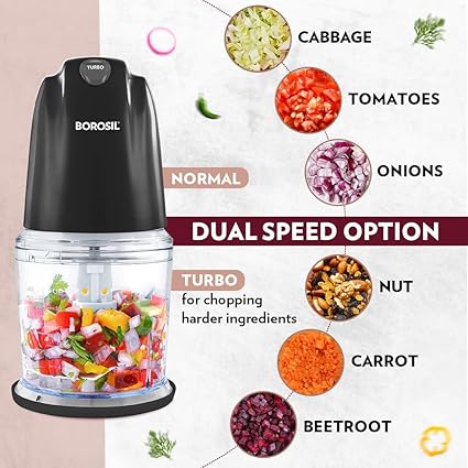 Borosil Chef Delite 260 Watts Electric Chopper for Kitchen, Twin Blade Technology, 500 ml 'chop-n-store' plastic bowl with lid, Vegetable Chopper, Cutter, Chop, Mince, Dice, Whisk, Blend, Black - Image 7