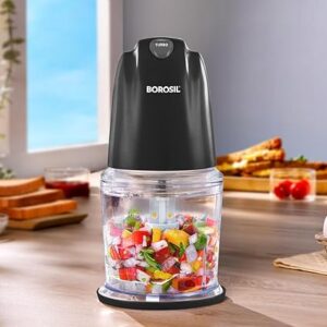 Borosil Chef Delite 260 Watts Electric Chopper for Kitchen, Twin Blade Technology, 500 ml 'chop-n-store' plastic bowl with lid, Vegetable Chopper, Cutter, Chop, Mince, Dice, Whisk, Blend, Black