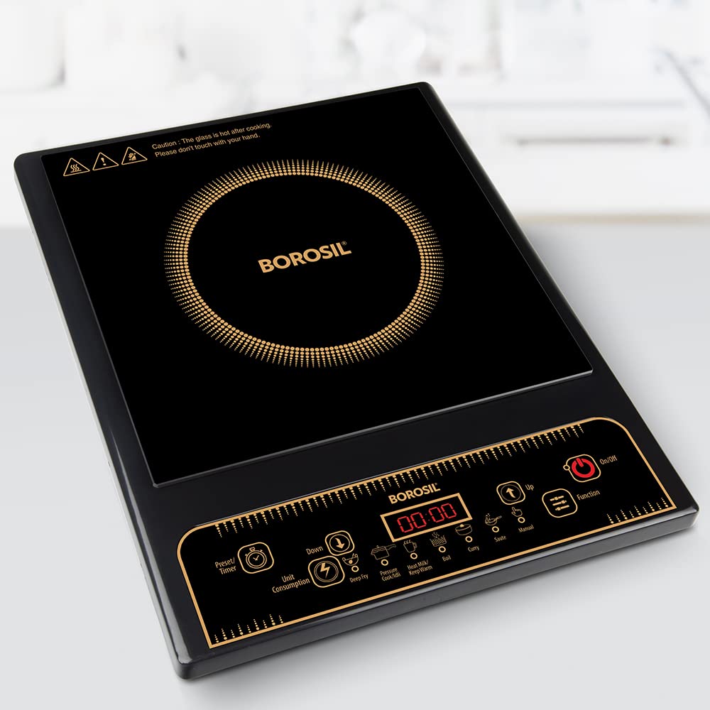 Borosil Smartkook Electric Induction Stove, Glass Surface, Energy Saving, Flame-free Cooking,Black, 1400W