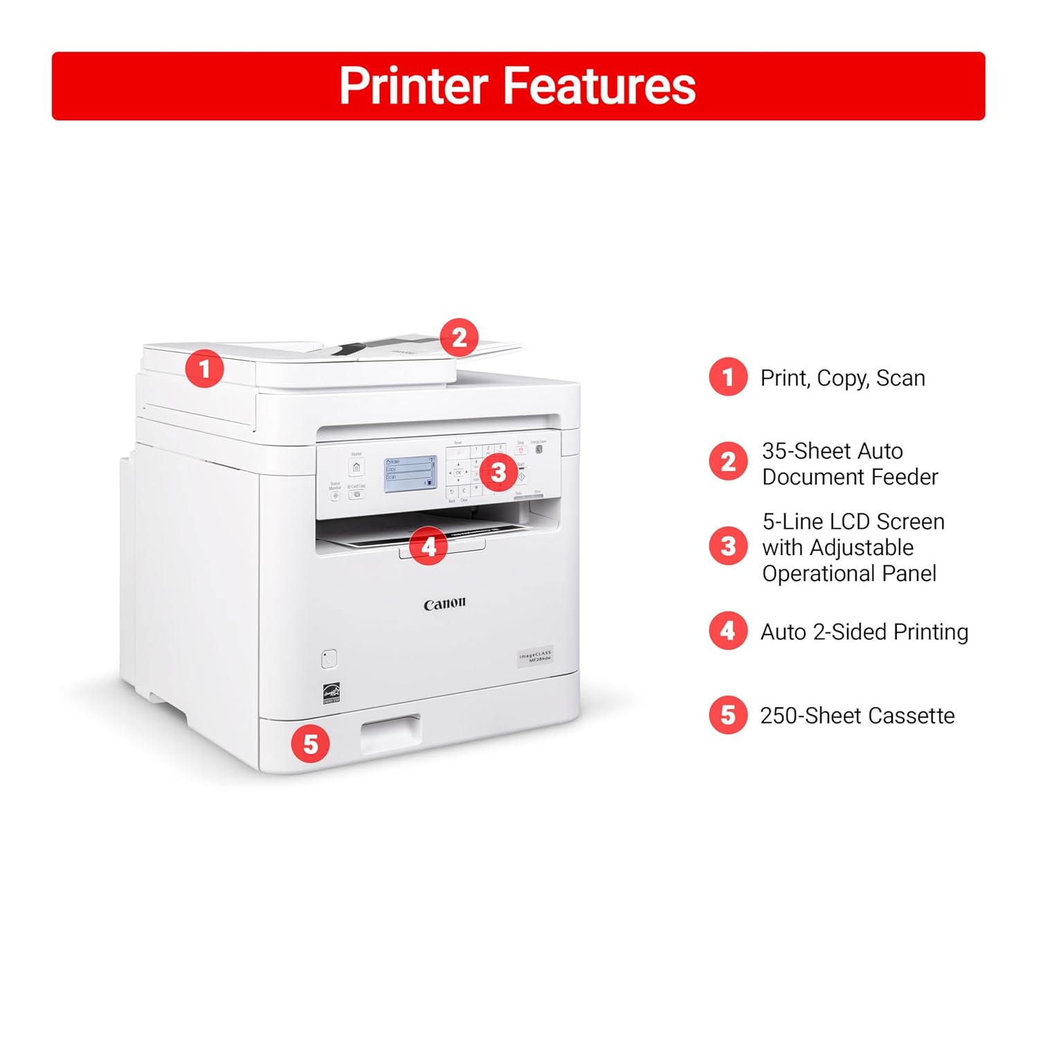 Canon imageCLASS MF284dw Wireless Black & White Laser Printer – All-in-One for Home Use, Print/Copy/Scan, 2-Sided Printing, 35 PPM, Auto Doc Feeder,... - Image 5