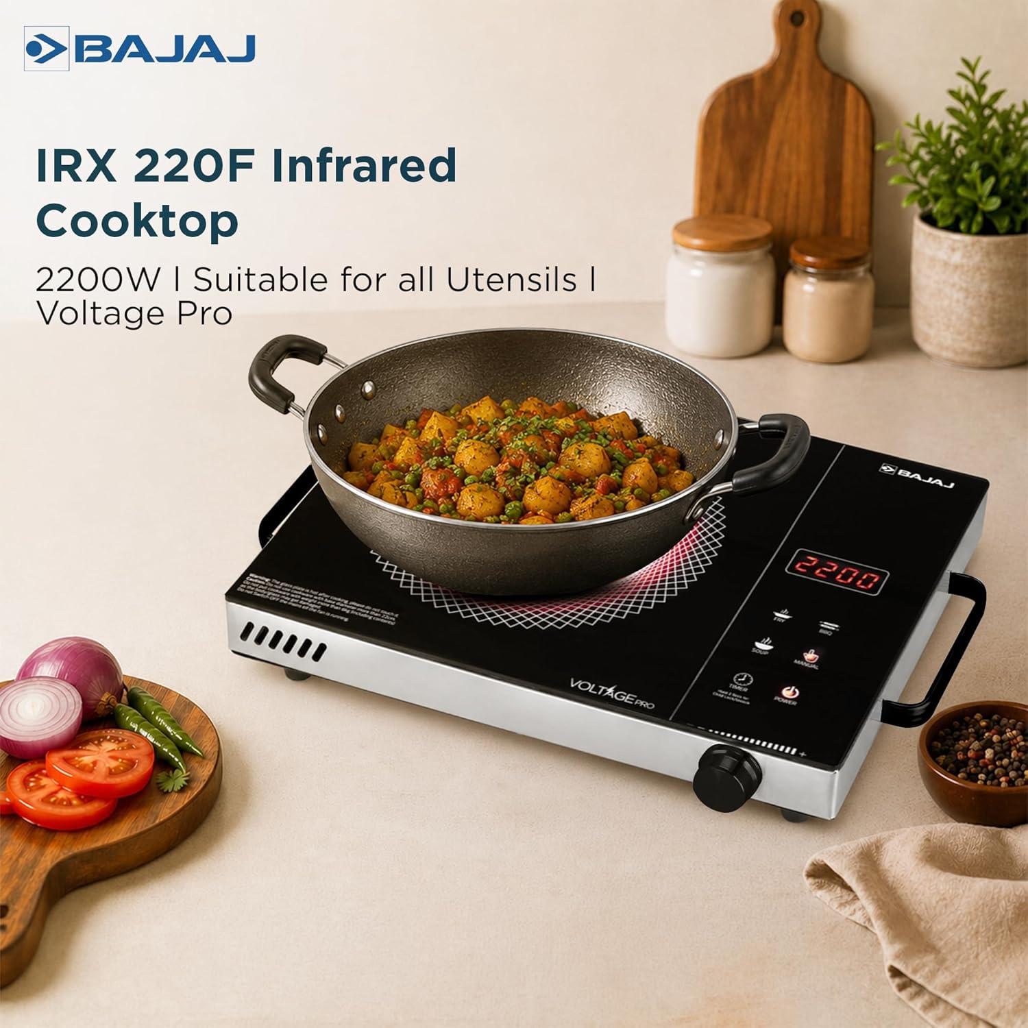 Bajaj IRX 220F Infrared Induction Cooktop | 2200 Watts | 11 Power Level | 3 Preset Menu | Feather Touch Controls | Digital display | 1 Year Warranty... - Image 2
