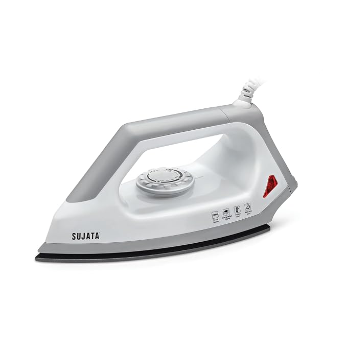 Sujata Espira 1000W Dry Iron for Clothes with German Greblon Non-Stick Soleplate, Adjustable Temperature Control, Overheat Protection, 2 Year Warranty, Lightweight Iron Press (Grey & White)