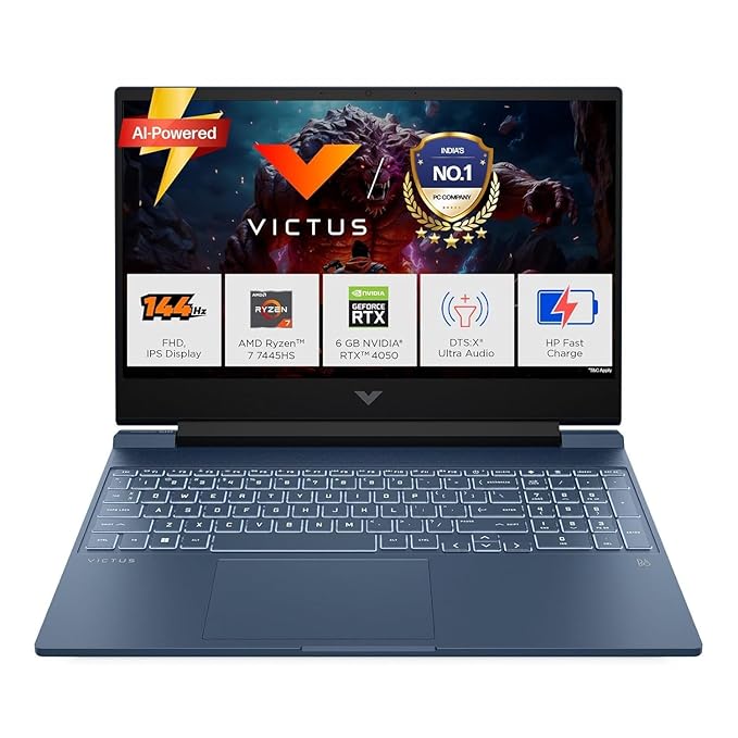 HP Victus, AMD Ryzen 7 7445HS, 6GB RTX 4050,16GB DDR5(Upgradeable) 512GB SSD, 144Hz, IPS, 300nits, FHD, 15.6''/39.6cm, Win11, M365* Office24, Blue, 2.29kg, fb3130AX/3118AX, BL,DTS Audio, Gaming Laptop