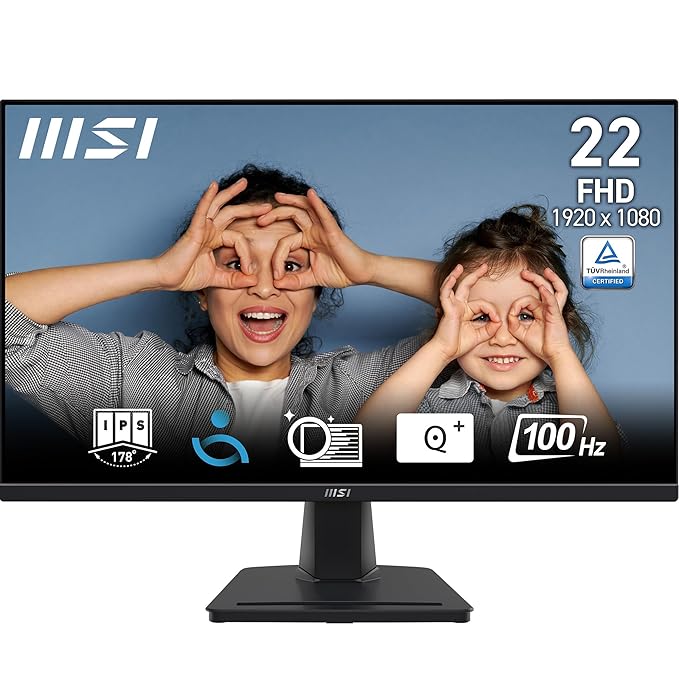 MSI PRO MP225, 21.5 Inch (54.61 cm), IPS Panel, Full HD 1920 x 1080, 100 Hz, Black, Eye-Friendly Screen, Tilt-Adjustable, HDMI, D-Sub (VGA) MonitorMSI PRO MP225, 21.5 Inch (54.61 cm), IPS Panel, Full HD 1920 x 1080, 100 Hz, Black, Eye-Friendly Screen, Tilt-Adjustable, HDMI, D-Sub (VGA) Monitor