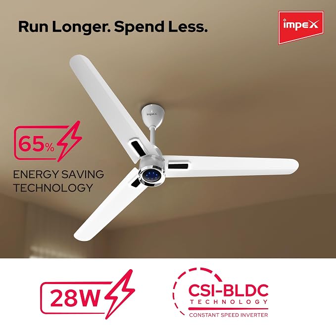 Impex 1200 mm BLDC Ceiling Fan with 7 Speed Remote Control and Timer Function | 5 star Rated Energy Efficient Ceiling Fan Up to 65% | Aluminium Body | | Atom Glow | 4 Year Warranty (White) - Image 2