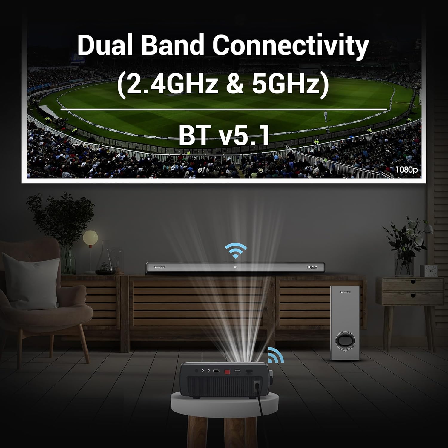 ZEBRONICS PIXAPLAY 15 Smart LED Projector with Dolby Audio, 5500 lumens, 4K Support, 180 Inch Screen Size, Supports Miracast, Bluetooth, USB, HDMI, WiFi, APP Support, 1080p Native - Image 5