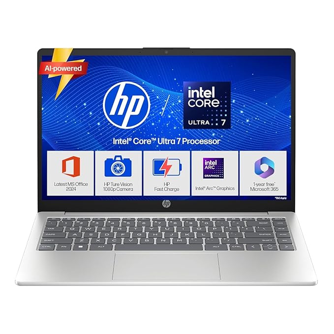 HP 14, Intel Core Ultra 7 155H (16GB DDR5, 512GB SSD) FHD, Anti-Glare, Micro-Edge, 14''/35.6cm, Win11, M365 Basic(1yr)* Office24, Silver, 1.4kg, EP1151TU, Backlit, HD Camera w/Shutter Laptop