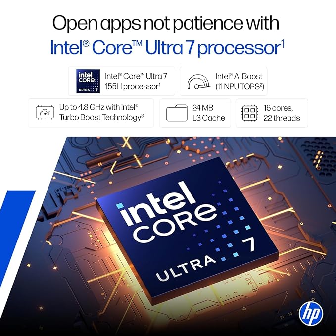 HP 14, Intel Core Ultra 7 155H (16GB DDR5, 512GB SSD) FHD, Anti-Glare, Micro-Edge, 14''/35.6cm, Win11, M365 Basic(1yr)* Office24, Silver, 1.4kg, EP1151TU, Backlit, HD Camera w/Shutter Laptop - Image 2