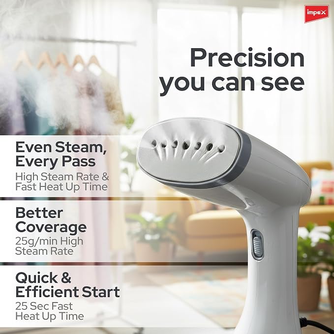 Impex 1600W Handheld Garment Steamer with Saree Draping, Vertical Steaming, 3 Power Modes, 25g/min Steam Rate, 380ml Capacity, 25 Sec Heat Up, ABS Material - Image 3