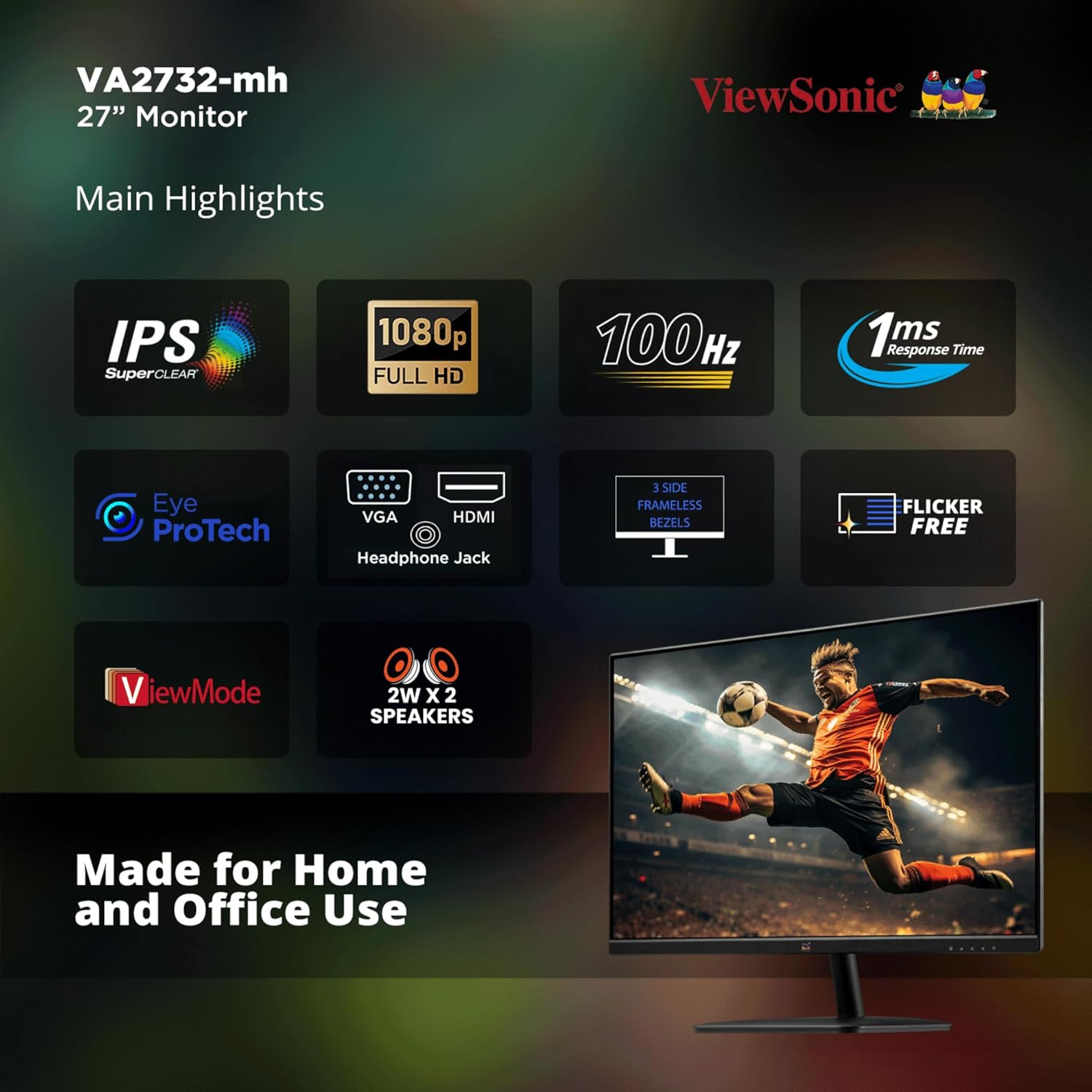 ViewSonic 27 Inch 1920 X1080 Pixels IPS Home and Office Monitor with 100Hz AMD Free Sync, Dual Speaker, Wall Mount, Bezelless, Eye-Care, FlickerFree, Srgb105%, HDMI, VGA - VA2732-MH - Image 3