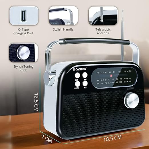 CASTOR iBELL FM820BT Portable FM Radio with Bluetooth Speaker, Rechargeable Battery, USB SD MP3 Player & Dynamic Speaker 3 Band, Black - Image 5