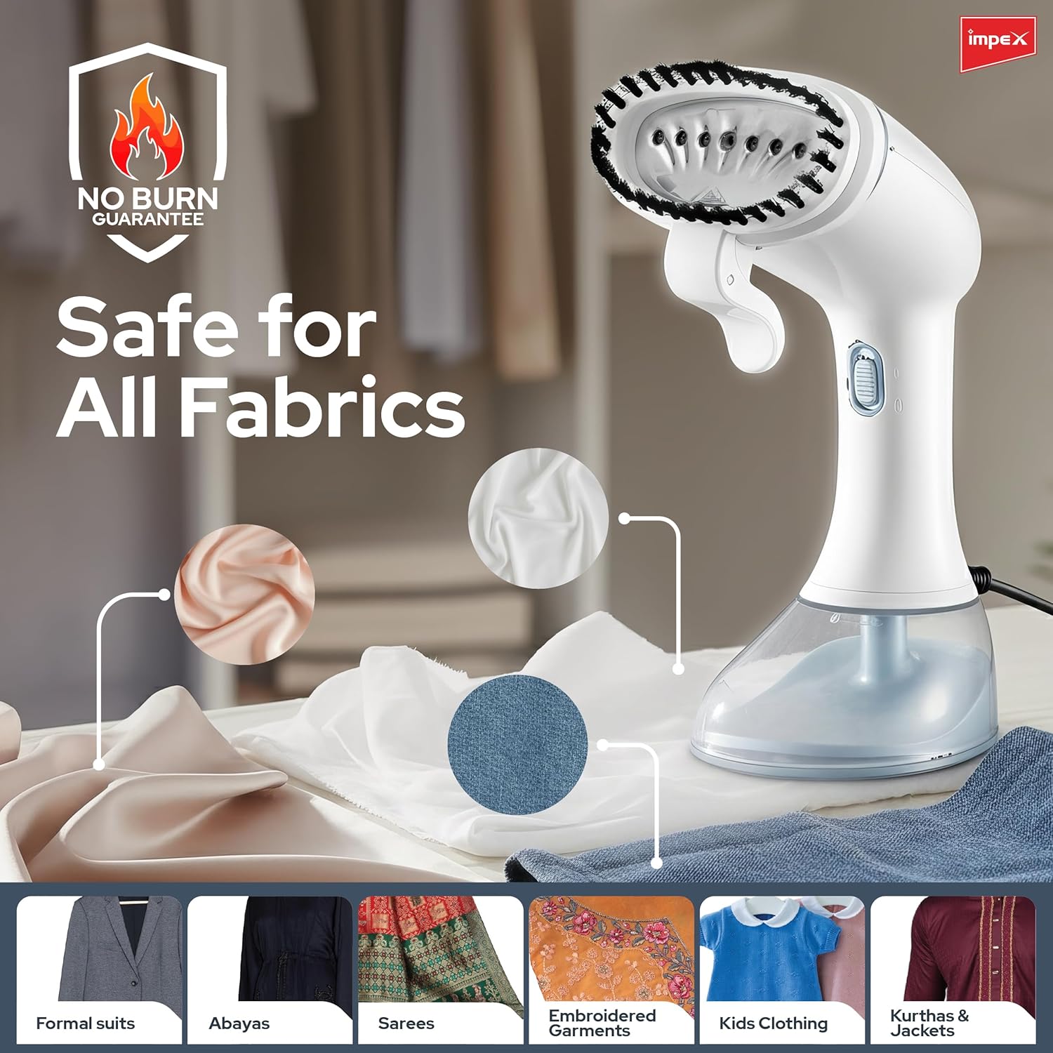 Impex 1600W Handheld Garment Steamer with Saree Draping, Vertical Steaming, 3 Power Modes, 25g/min Steam Rate, 380ml Capacity, 25 Sec Heat Up, ABS Material - Image 7