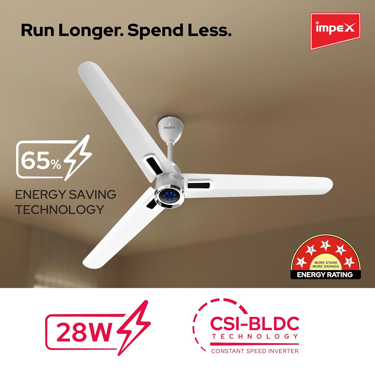 Impex 1200 mm BLDC Ceiling Fan with 7 Speed Remote Control and Timer Function | 5 star Rated Energy Efficient Ceiling Fan Up to 65% | Aluminium Body | | Atom Glow | 4 Year Warranty (White) - Image 8