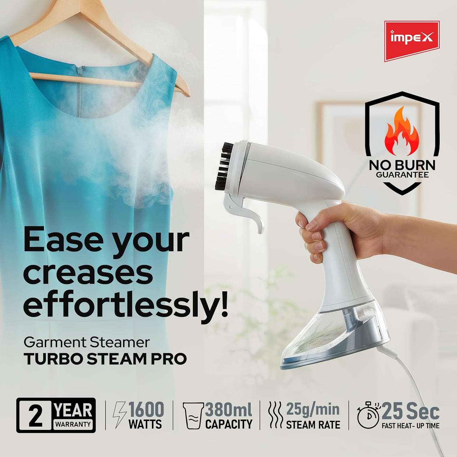 Impex 1600W Handheld Garment Steamer with Saree Draping, Vertical Steaming, 3 Power Modes, 25g/min Steam Rate, 380ml Capacity, 25 Sec Heat Up, ABS Material - Image 8