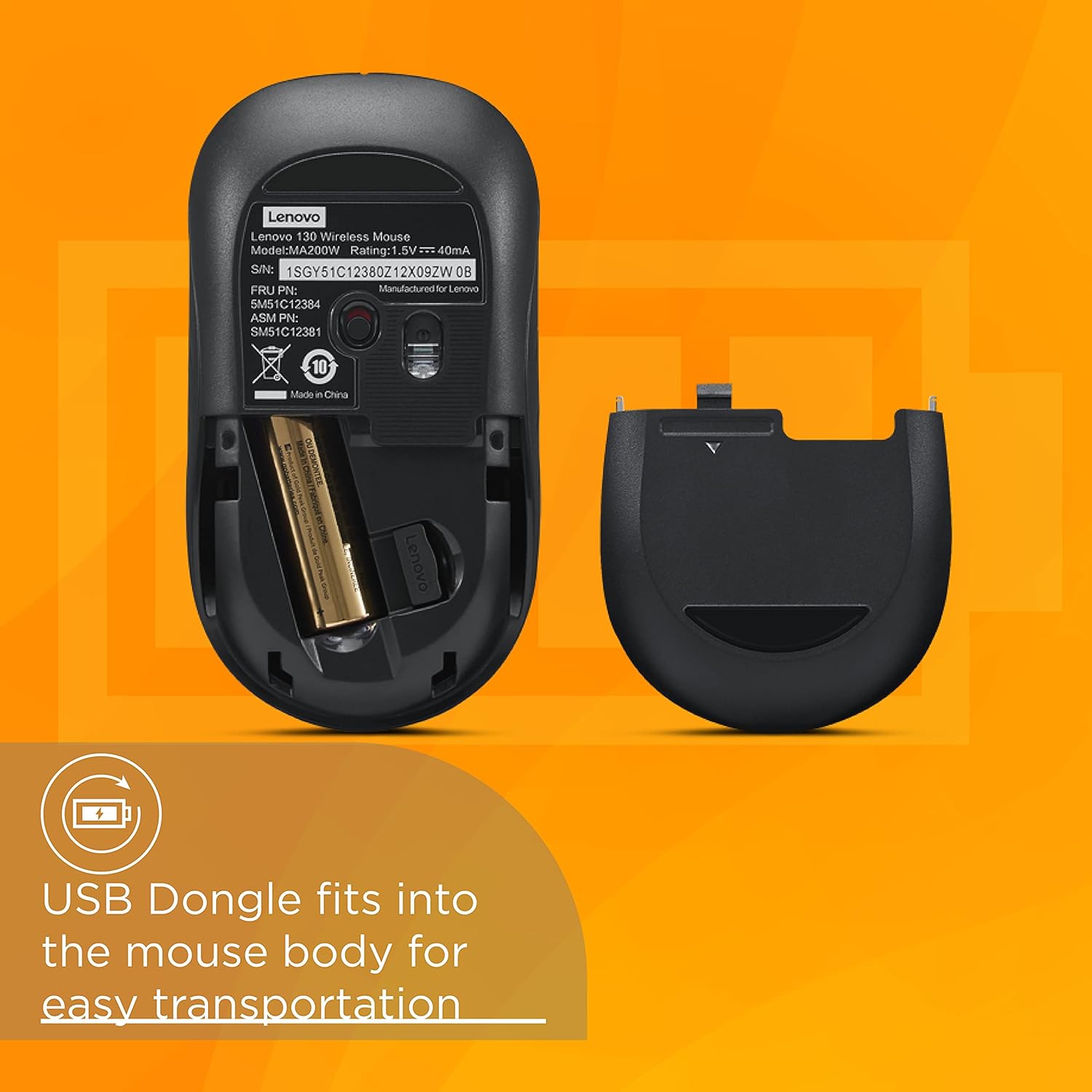 Lenovo 130 Wireless Compact Mouse, 1K DPI Optical sensor, 2.4GHz Wireless NanoUSB, 10m range, 3button(left,right,scroll) upto 3M left/right clicks, 10 month battery, Ambidextrous, Ergonomic GY51C12380 - Image 8