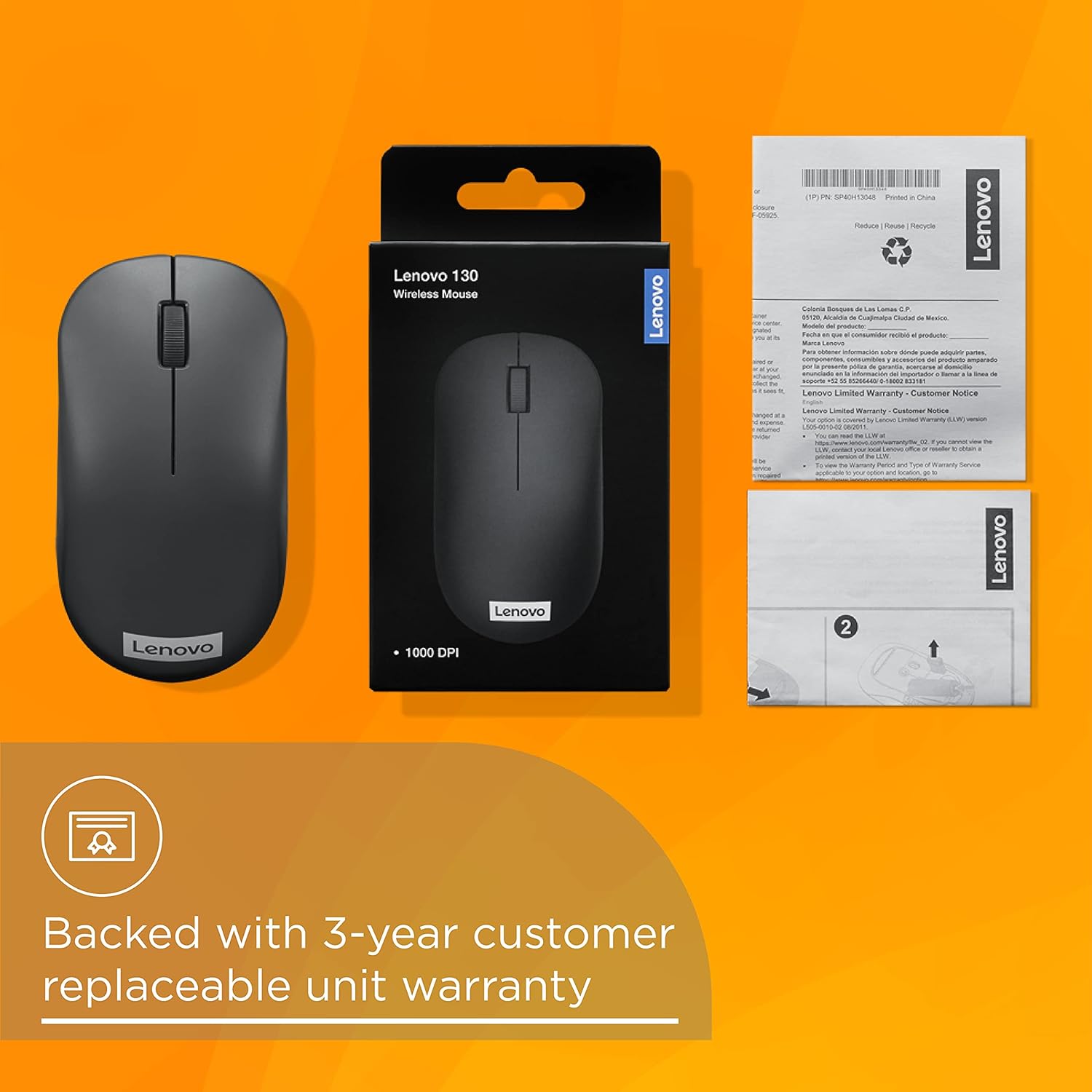Lenovo 130 Wireless Compact Mouse, 1K DPI Optical sensor, 2.4GHz Wireless NanoUSB, 10m range, 3button(left,right,scroll) upto 3M left/right clicks, 10 month battery, Ambidextrous, Ergonomic GY51C12380 - Image 9