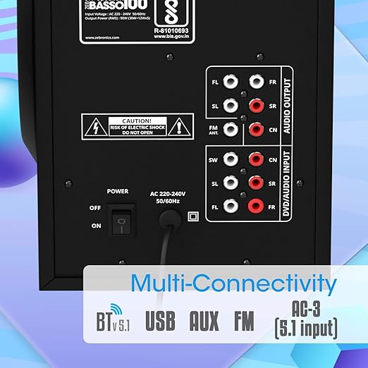 ZEBRONICS Basso 100 5.1 Home Theater Speaker with 5.25" Subwoofer, 90W RMS Powerful Bass, Bluetooth 5.1, Wall Mount, AC-3 Surround Sound, RGB Ring Light, Remote Control & LED Display - Image 5