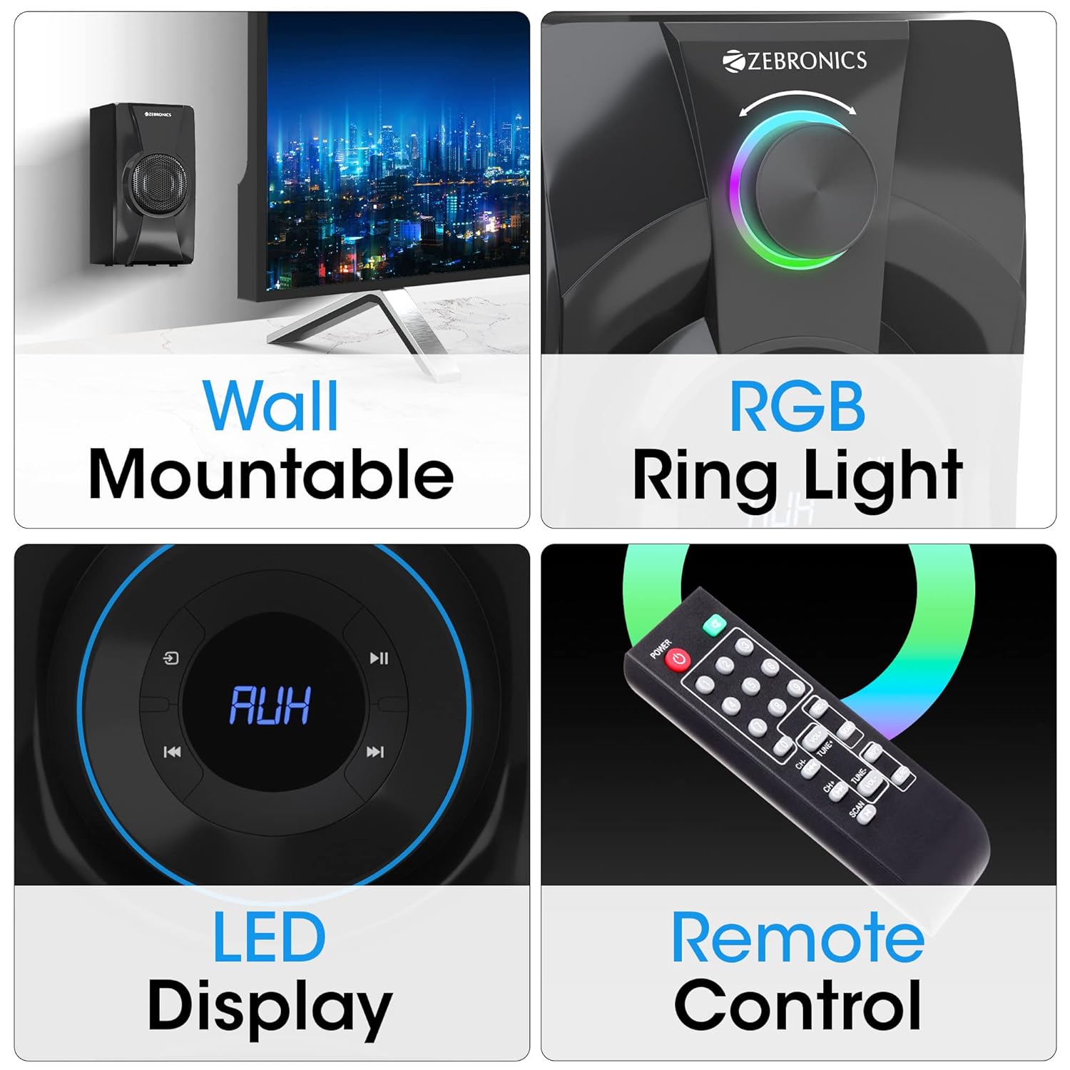 ZEBRONICS Basso 100 5.1 Home Theater Speaker with 5.25" Subwoofer, 90W RMS Powerful Bass, Bluetooth 5.1, Wall Mount, AC-3 Surround Sound, RGB Ring Light, Remote Control & LED Display - Image 7