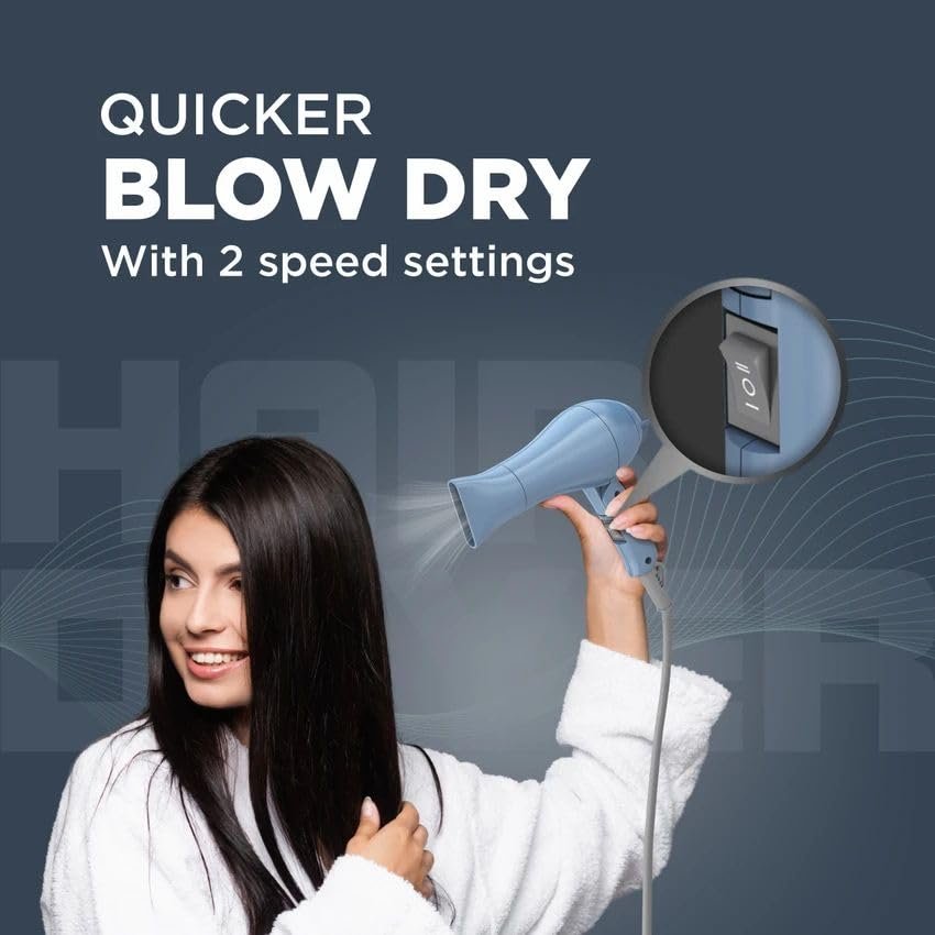 Havells 1000W Foldable Hair Dryer | 2 Heat Settings (Hot/Warm) | Heat Balance Technology | Pastel Blue | Your Perfect Blow Dry Companion For Effortless Hair Styling | HD1835 - Image 2