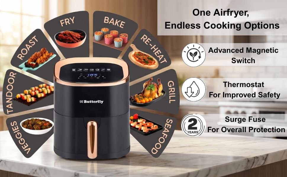 Butterfly Magnum Digital Air Fryer 4.5L, 1200W | 360° High Speed Air Circulation Technology | Low Fat Cooking | 7 Preset Menu, Removable Non Stick Coating Basket | Digital Touch Display Panel | Black - Image 2
