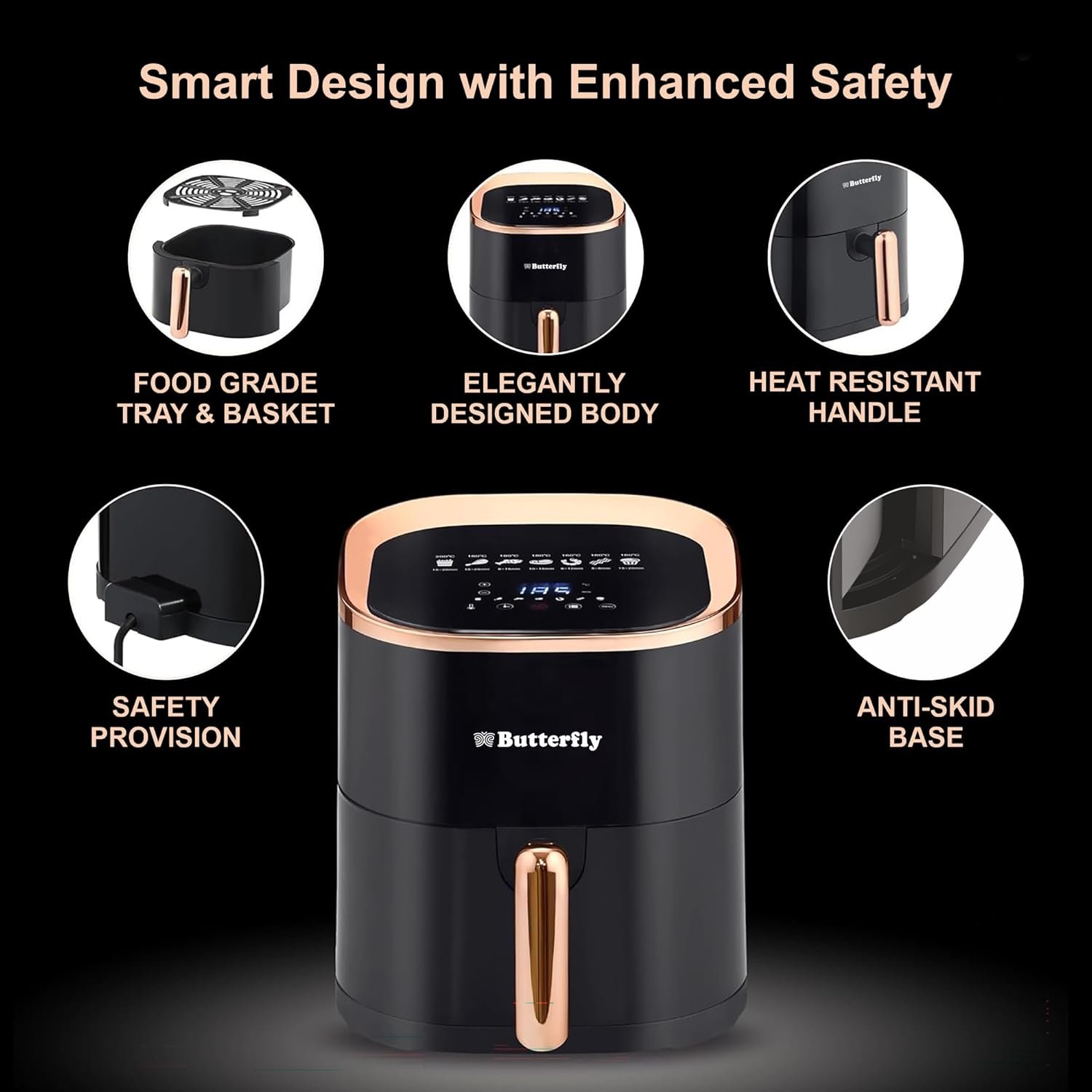 Butterfly Magnum Digital Air Fryer 4.5L, 1200W | 360° High Speed Air Circulation Technology | Low Fat Cooking | 7 Preset Menu, Removable Non Stick Coating Basket | Digital Touch Display Panel | Black - Image 4