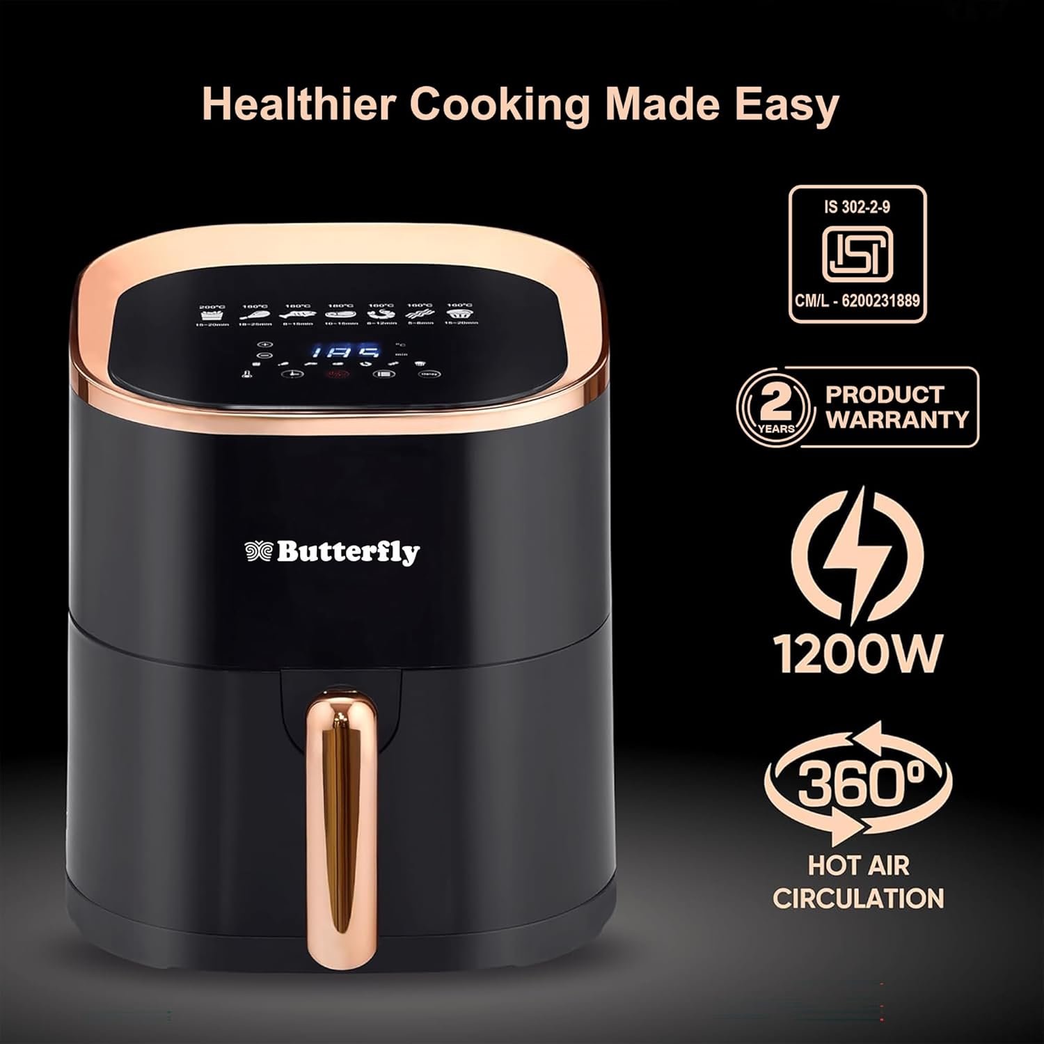 Butterfly Magnum Digital Air Fryer 4.5L, 1200W | 360° High Speed Air Circulation Technology | Low Fat Cooking | 7 Preset Menu, Removable Non Stick Coating Basket | Digital Touch Display Panel | Black - Image 6