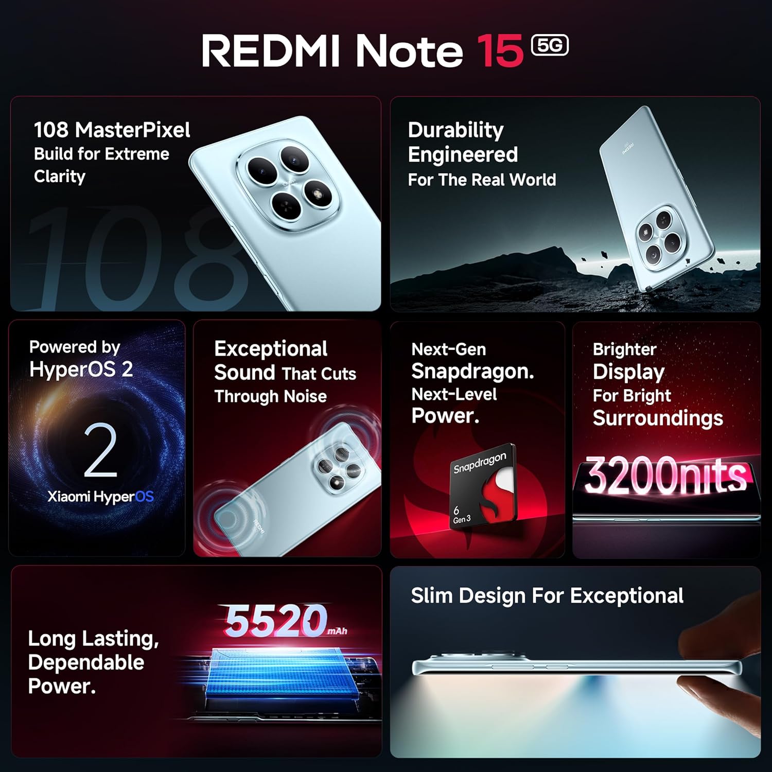 REDMI Note 15 5G (Glacier Blue, 8GB RAM 128GB Storage) | 108MP OIS Camera | Snapdragon 6 Gen 3 | 17.2cm Tough Curved AMOLED Screen | Segment's Slimmest Phone | 5520mAh Si/C Battery | 45W Fast Charging - Image 6