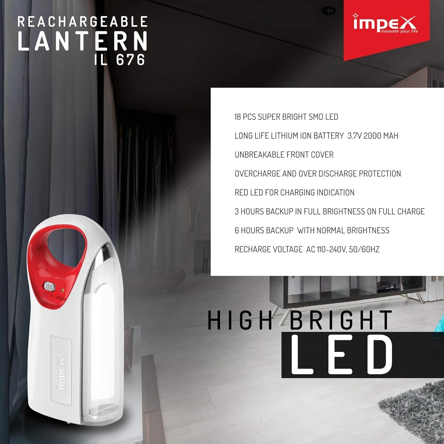Impex Plastic LED Lantern Emergency Light IL 676 NEON White - Image 2