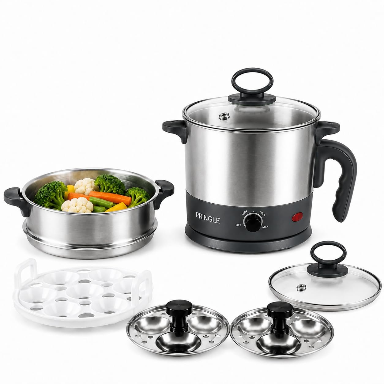 Pringle 1.5L MultiChef Multi Kettle 3-in-1 Multipurpose Cooker | Egg Boiler, Steamer & Idli Maker | SS Stand | 600W | 360° Rotating Base | 1 Yr Onsite Warranty | Silver - Image 6
