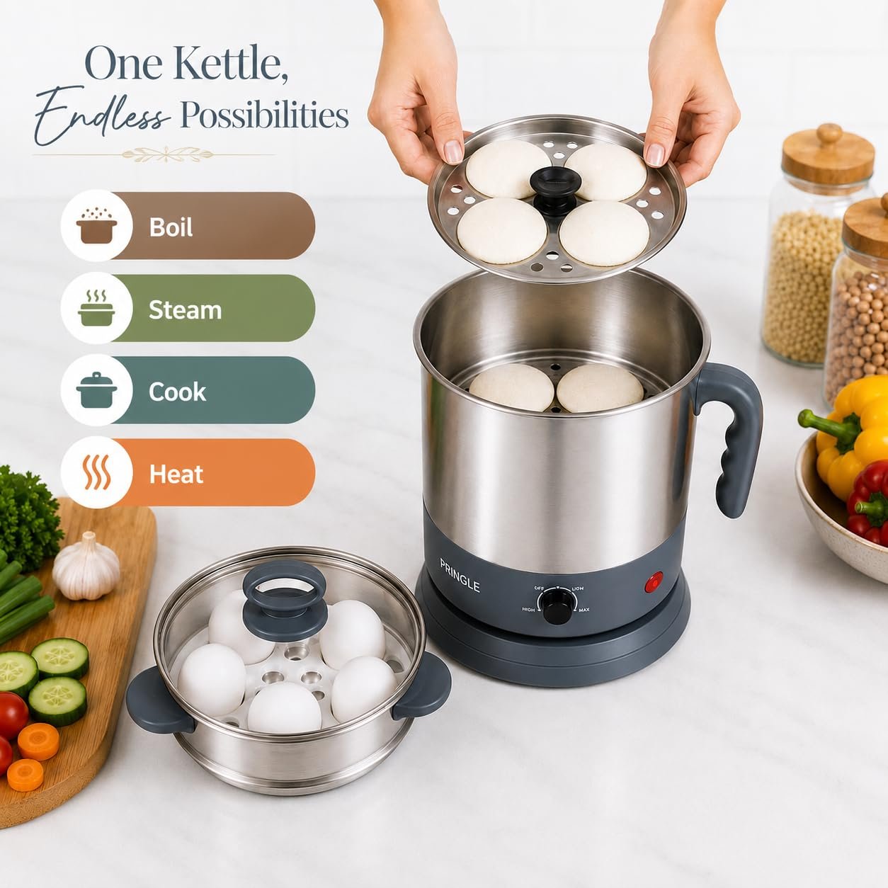 Pringle 1.5L MultiChef Multi Kettle 3-in-1 Multipurpose Cooker | Egg Boiler, Steamer & Idli Maker | SS Stand | 600W | 360° Rotating Base | 1 Yr Onsite Warranty | Silver - Image 7