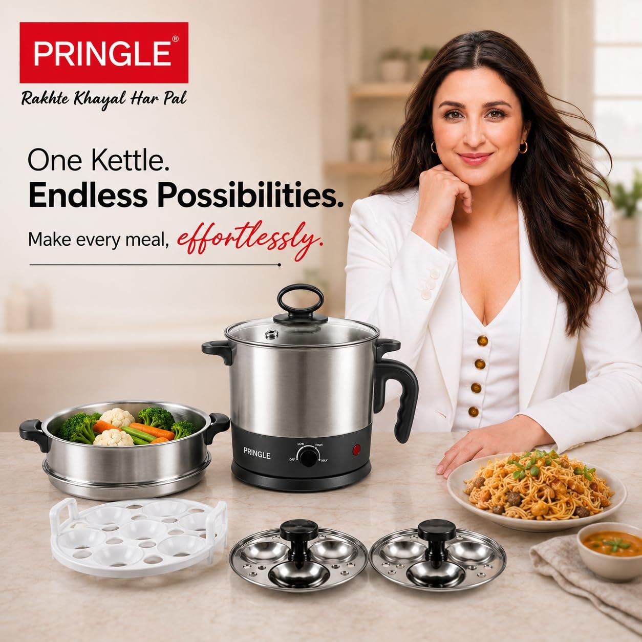 Pringle 1.5L MultiChef Multi Kettle 3-in-1 Multipurpose Cooker | Egg Boiler, Steamer & Idli Maker | SS Stand | 600W | 360° Rotating Base | 1 Yr Onsite Warranty | Silver - Image 2
