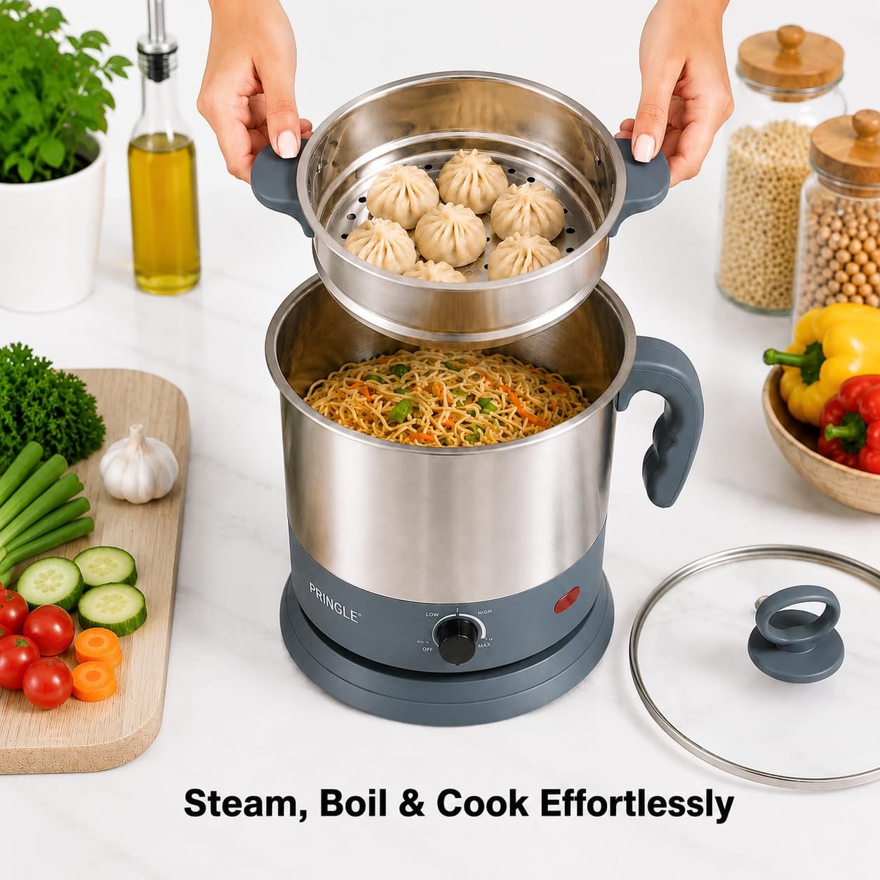 Pringle 1.5L MultiChef Multi Kettle 3-in-1 Multipurpose Cooker | Egg Boiler, Steamer & Idli Maker | SS Stand | 600W | 360° Rotating Base | 1 Yr Onsite Warranty | Silver - Image 3
